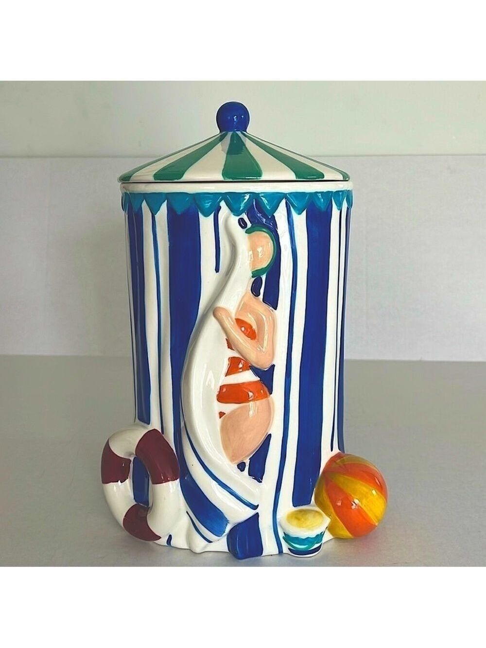 Vintage Enesco Daniel Dela Cruz Beach Cabana Cookie Jar Pool Party Summer Decor